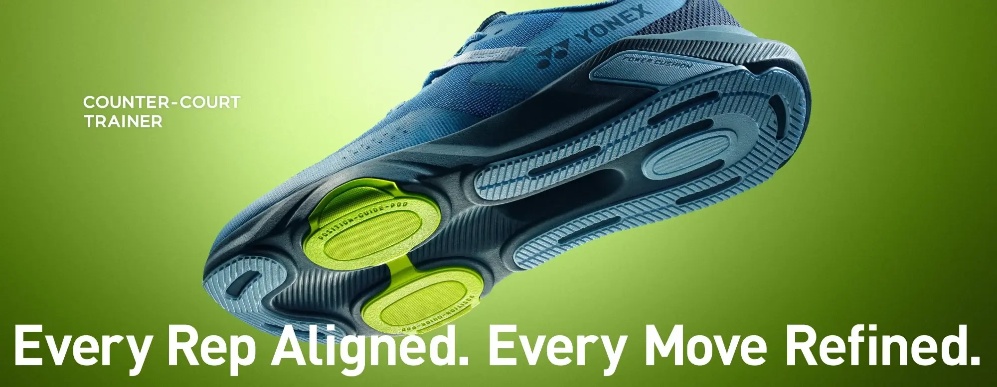 A Yonex court shoe above rebound arcs illustrating Power Cushion