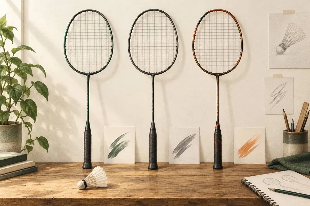 ASTROX, NANOFLARE and ARCSABER rackets arranged diagonally